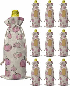 10 Piece Linen Wine Bags Thanksgiving Day Fall Pumpkins Plants Pastoral Peach Beige, Bottle Bags With Drawstrings Tags Reusable Wine Bottle Covers for Wedding Birthday Travel