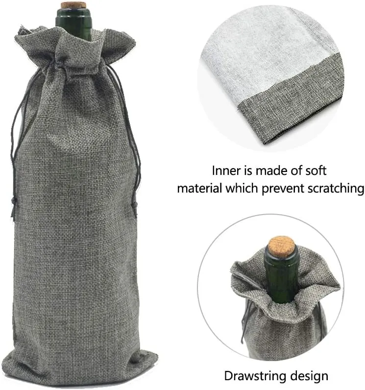 10Pcs Burlap Wine Bag, Reusable Linen Drawstring Gift Bags for Liquor Bottles, Champagne Bags for Wine Tasting, Christmas, Wedding, Housewarming, Birthday, Holiday Party (Grey)
