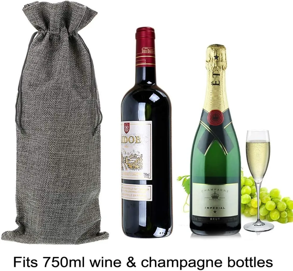 10Pcs Burlap Wine Bag, Reusable Linen Drawstring Gift Bags for Liquor Bottles, Champagne Bags for Wine Tasting, Christmas, Wedding, Housewarming, Birthday, Holiday Party (Grey)
