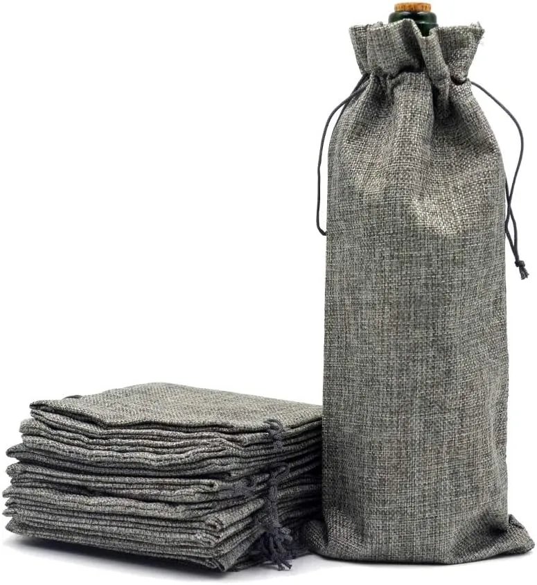 10Pcs Burlap Wine Bag, Reusable Linen Drawstring Gift Bags for Liquor Bottles, Champagne Bags for Wine Tasting, Christmas, Wedding, Housewarming, Birthday, Holiday Party (Grey)