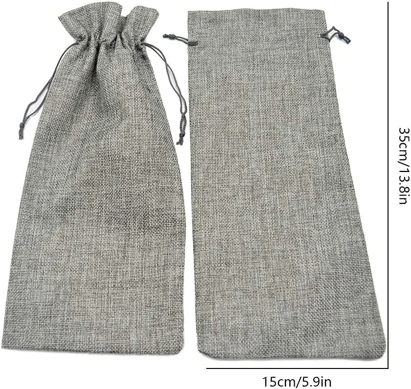 10Pcs Burlap Wine Bag, Reusable Linen Drawstring Gift Bags for Liquor Bottles, Champagne Bags for Wine Tasting, Christmas, Wedding, Housewarming, Birthday, Holiday Party (Grey)