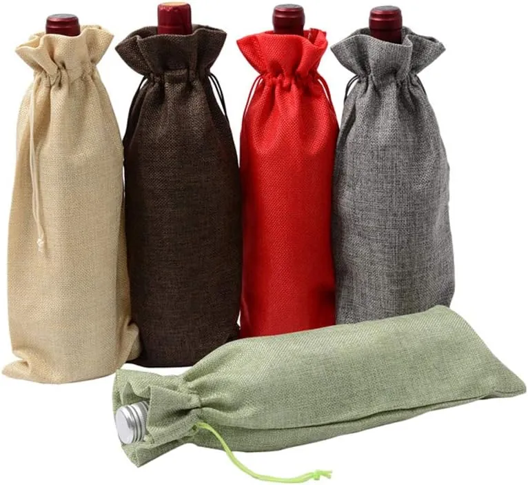 10Pcs Burlap Wine Bag, Reusable Linen Drawstring Gift Bags for Liquor Bottles, Champagne Bags for Wine Tasting, Christmas, Wedding, Housewarming, Birthday, Holiday Party (Grey)