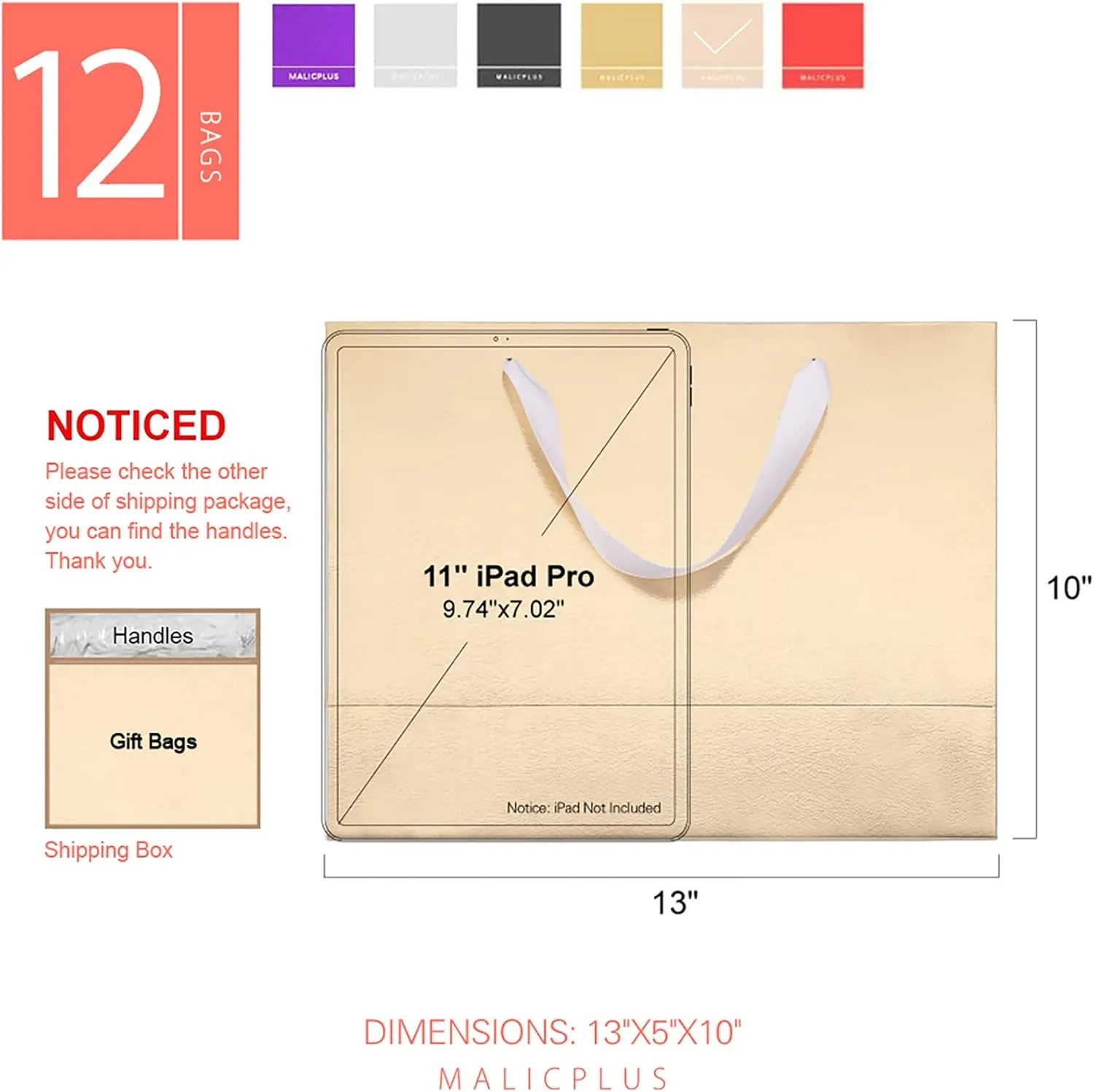 12 Large Gift Bags 13x5x10 Inches, Luxury Large Gift Bags with Handles for Thanksgiving Day and All Occasions (Champagne Gold with Grass Texture)