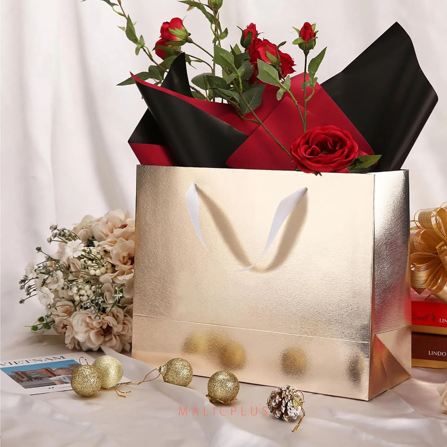 12 Large Gift Bags 13x5x10 Inches, Luxury Large Gift Bags with Handles for Thanksgiving Day and All Occasions (Champagne Gold with Grass Texture)