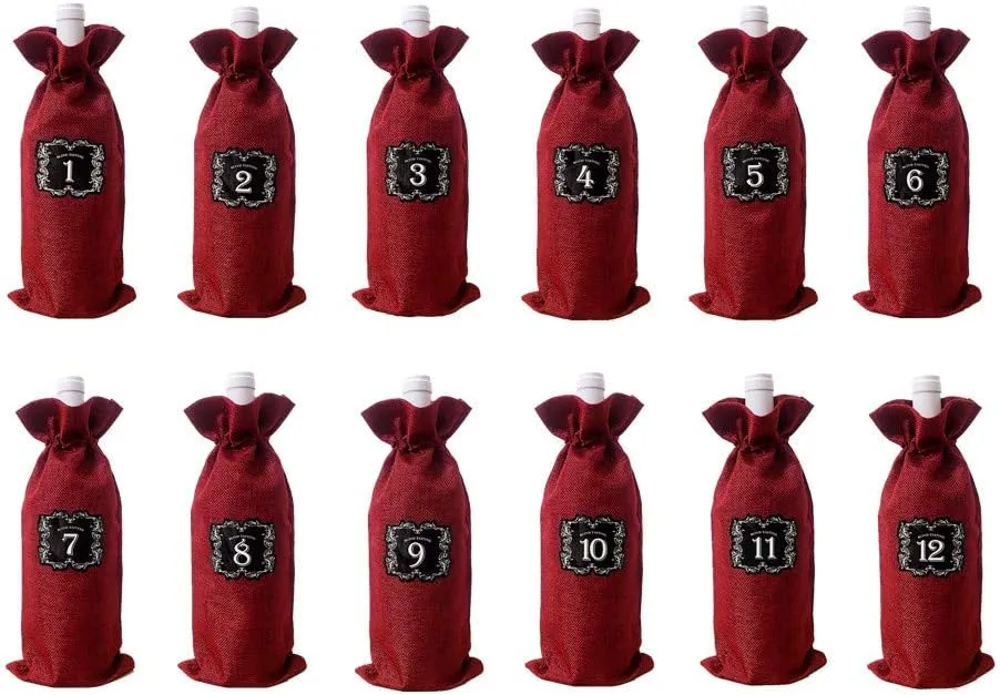 12 PCS Burlap Wine Bags with Drawstring Wine Blind Tasting Bag Plus 12 Number Sticker For Blind Tasting And Travel, Wedding, Birthday, Housewarming and Dinner Party, Red