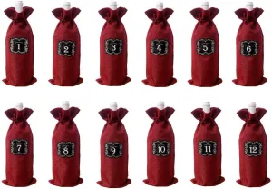 12 PCS Burlap Wine Bags with Drawstring Wine Blind Tasting Bag Plus 12 Number Sticker For Blind Tasting And Travel, Wedding, Birthday, Housewarming and Dinner Party, Red