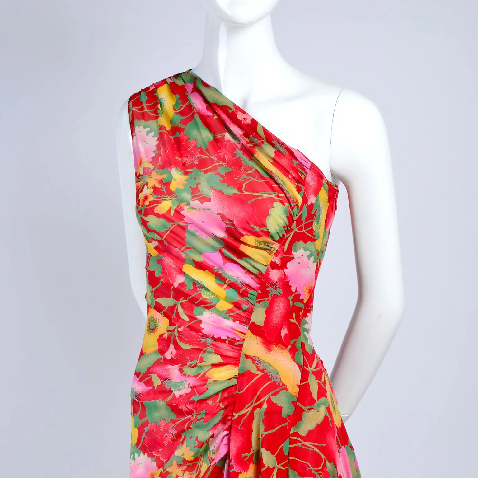 1990s Valentino Dress Red Floral Silk Chiffon One Shoulder Full Length Size 4
