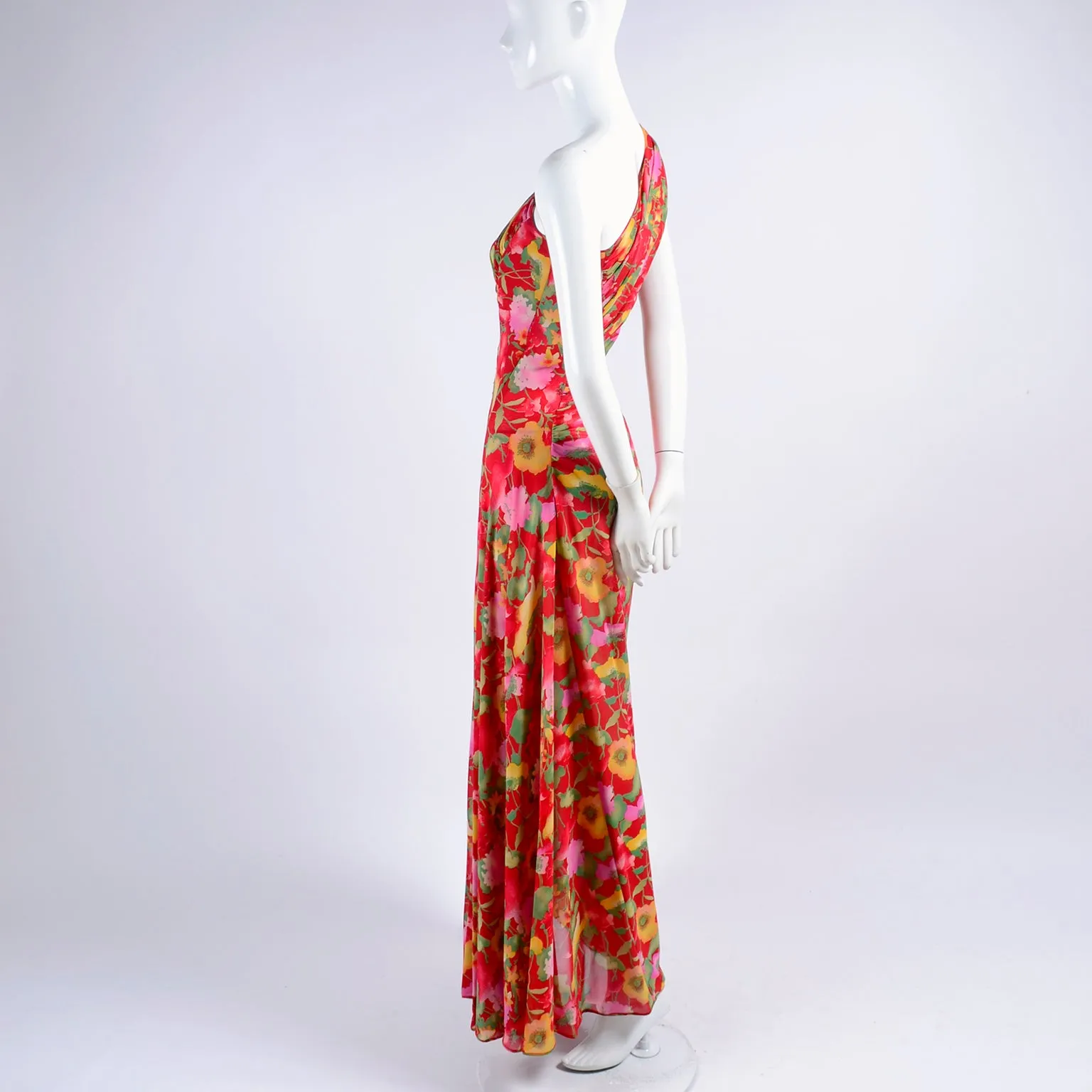 1990s Valentino Dress Red Floral Silk Chiffon One Shoulder Full Length Size 4