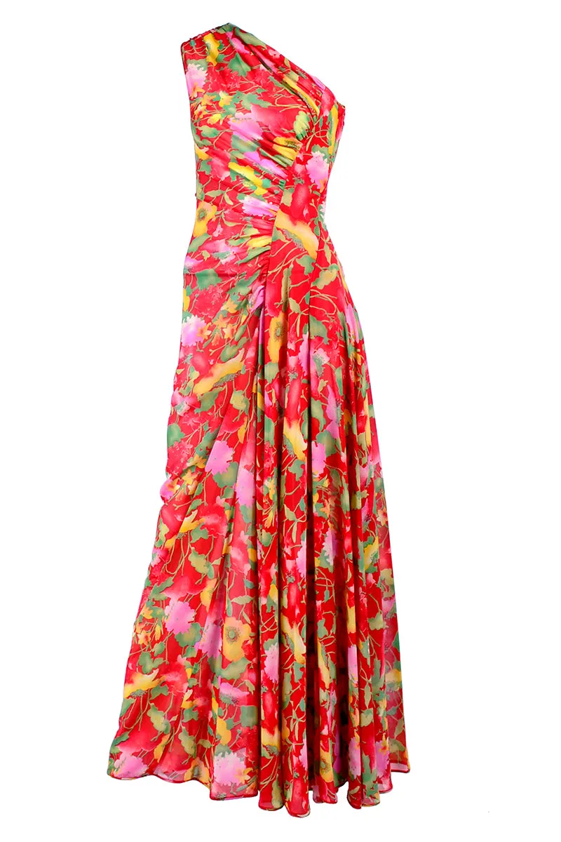 1990s Valentino Dress Red Floral Silk Chiffon One Shoulder Full Length Size 4