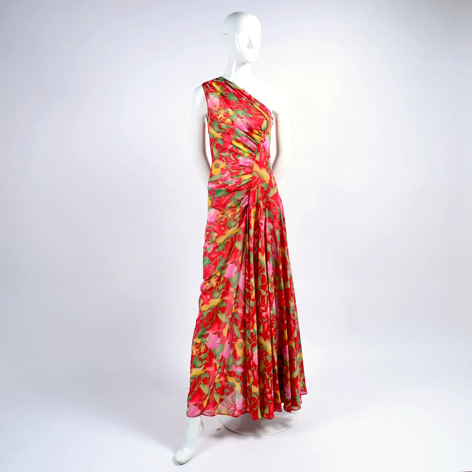 1990s Valentino Dress Red Floral Silk Chiffon One Shoulder Full Length Size 4