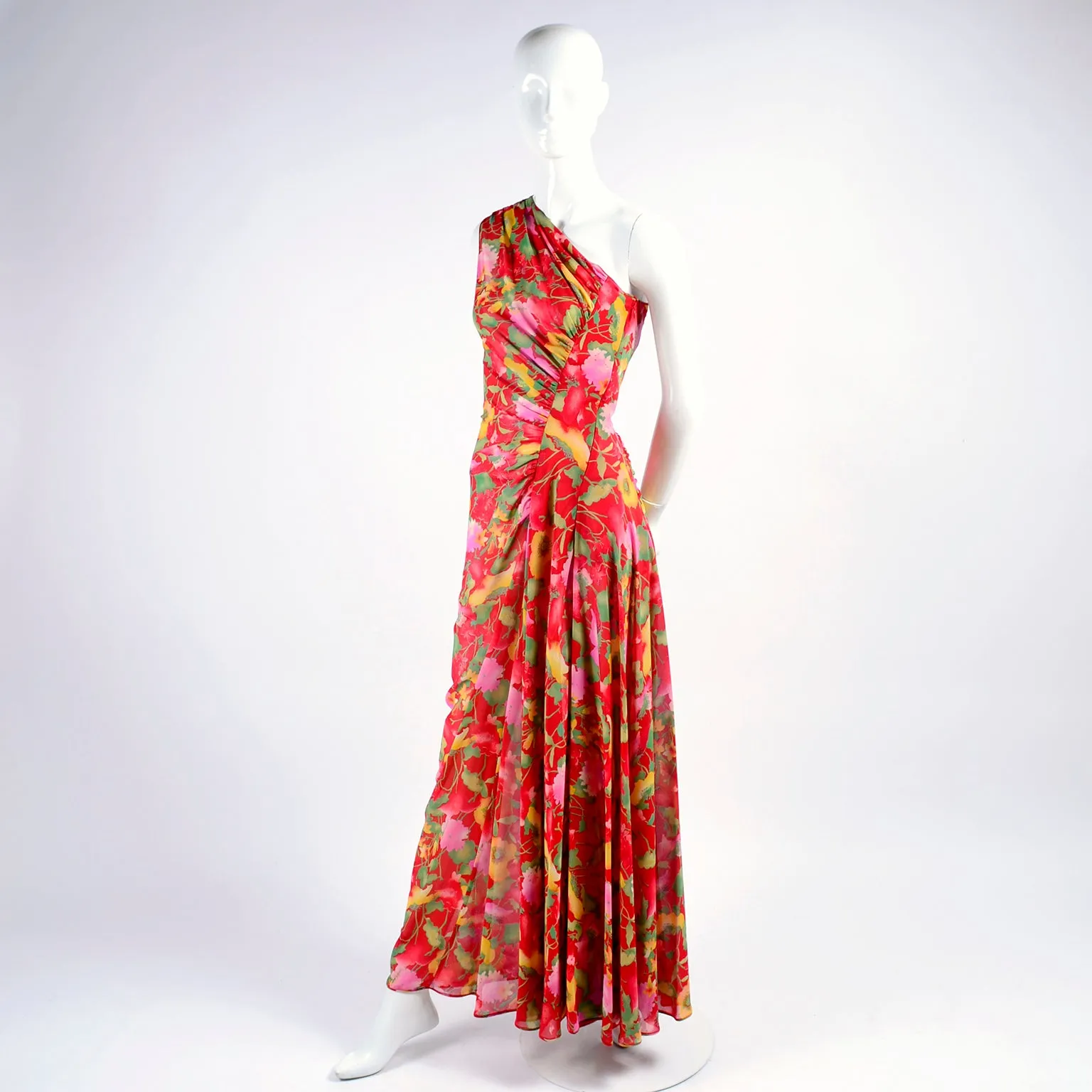 1990s Valentino Dress Red Floral Silk Chiffon One Shoulder Full Length Size 4