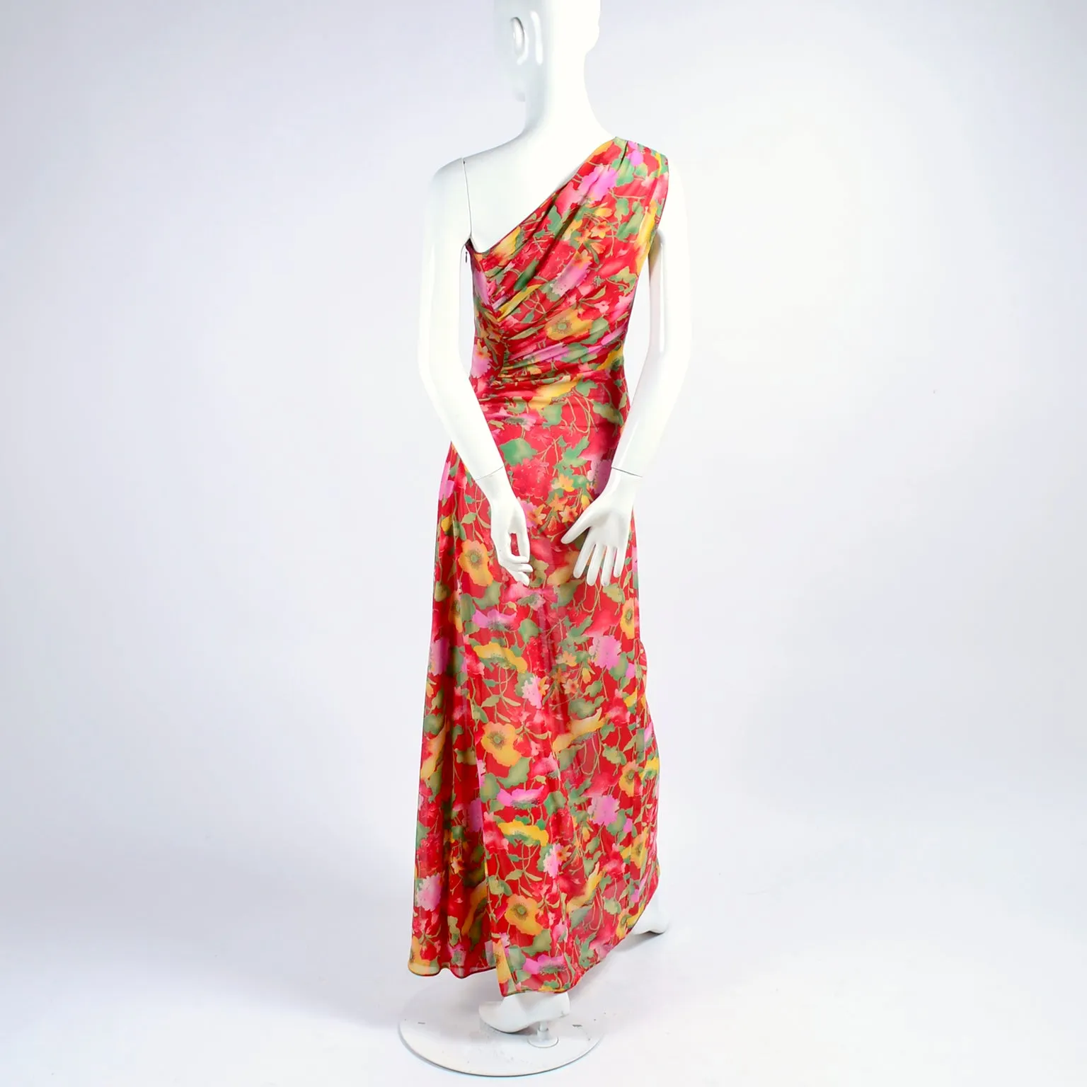 1990s Valentino Dress Red Floral Silk Chiffon One Shoulder Full Length Size 4