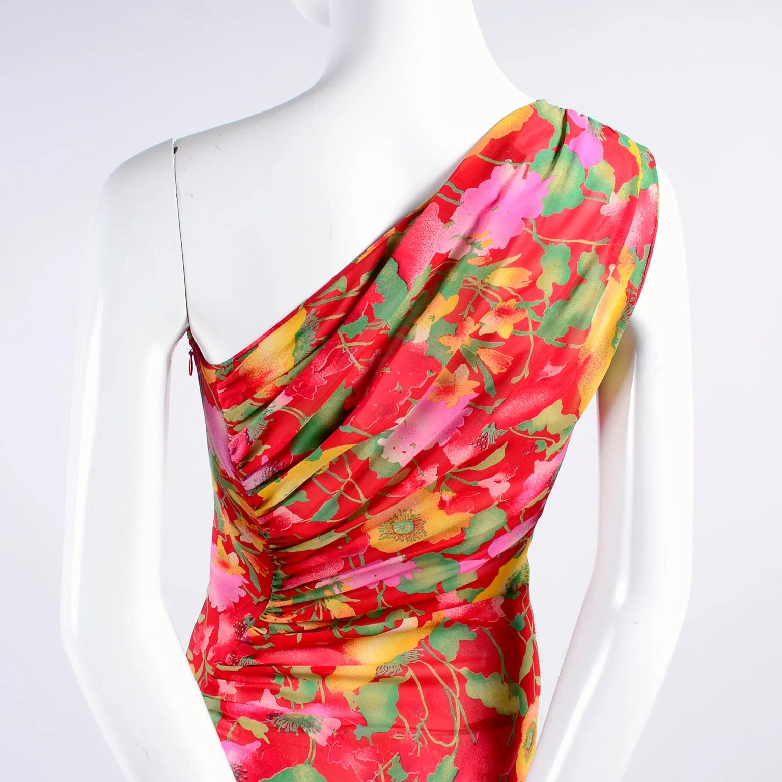1990s Valentino Dress Red Floral Silk Chiffon One Shoulder Full Length Size 4