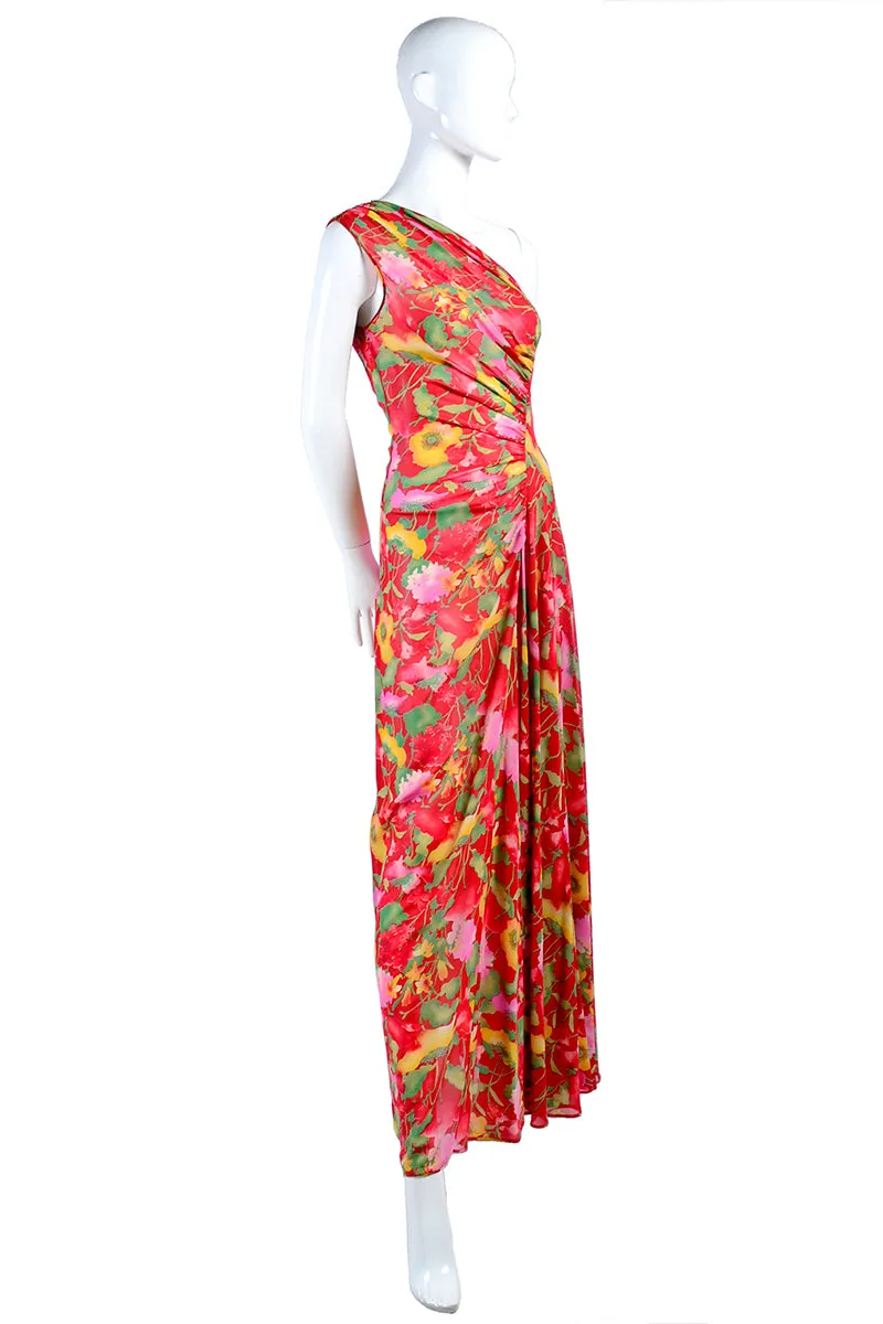 1990s Valentino Dress Red Floral Silk Chiffon One Shoulder Full Length Size 4