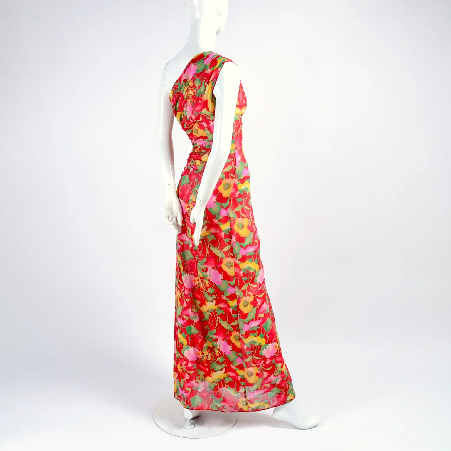 1990s Valentino Dress Red Floral Silk Chiffon One Shoulder Full Length Size 4