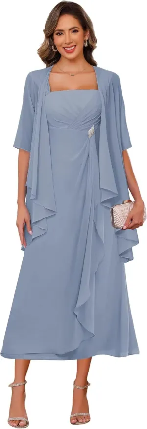2 Piece Chiffon Mother of The Bride Dresses with Jacket Ruffle Formal Evening Dress VS179