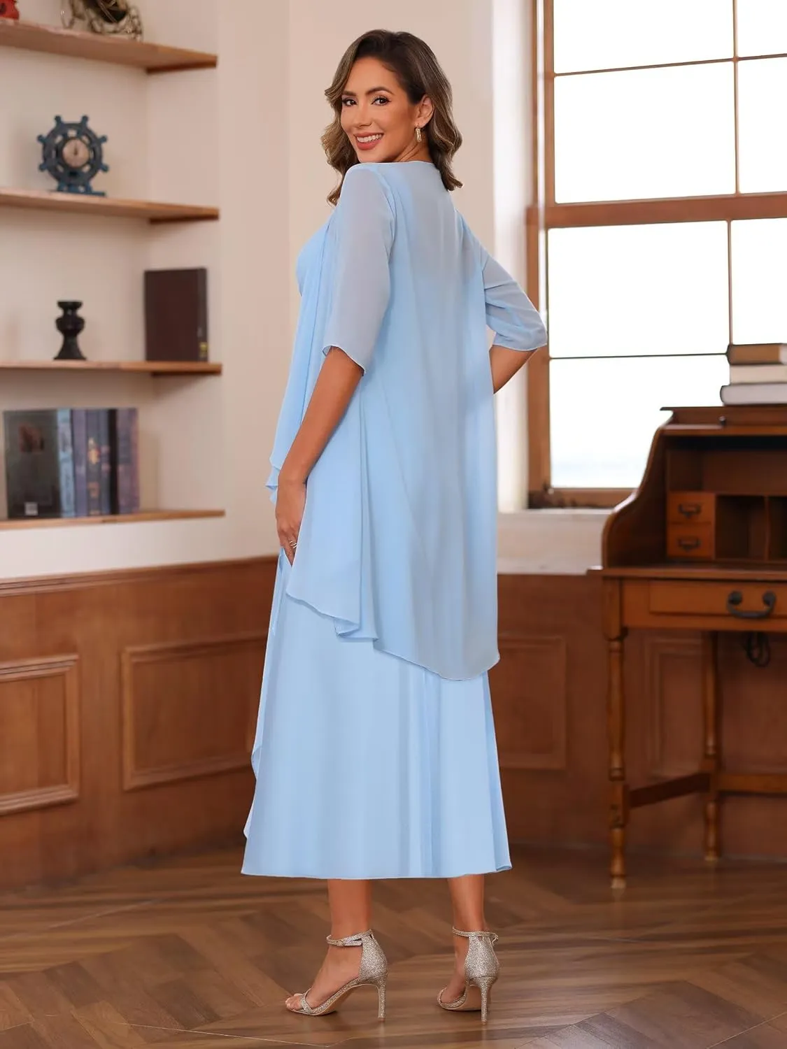 2 Piece Chiffon Mother of The Bride Dresses with Jacket Ruffle Formal Evening Dress VS179