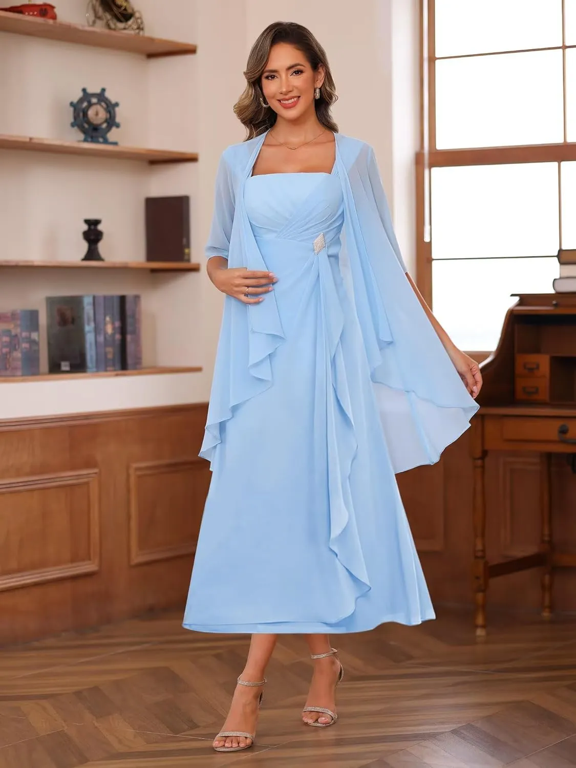 2 Piece Chiffon Mother of The Bride Dresses with Jacket Ruffle Formal Evening Dress VS179