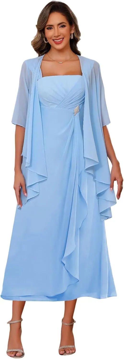 2 Piece Chiffon Mother of The Bride Dresses with Jacket Ruffle Formal Evening Dress VS179