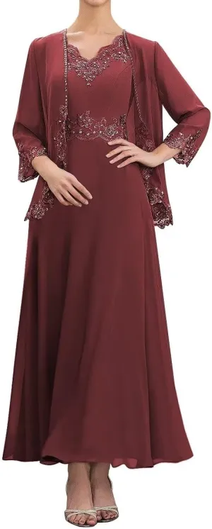 2 Piece Mother of The Bride Dresses with Jacket for Wedding Chiffon Lace Formal Evening Dress