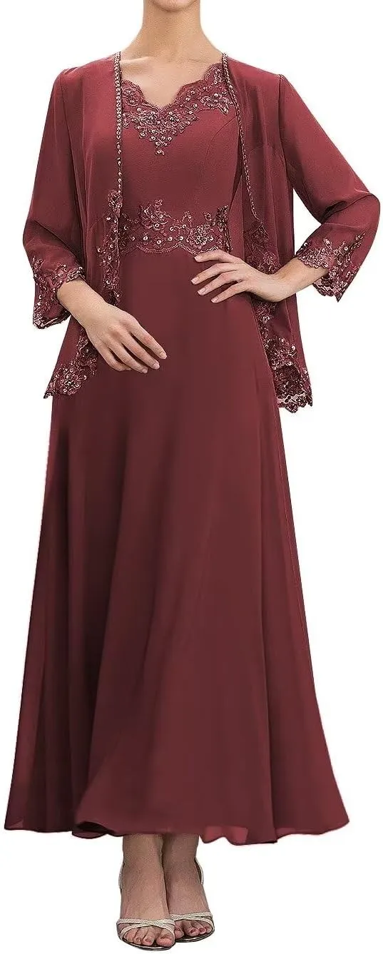 2 Piece Mother of The Bride Dresses with Jacket for Wedding Chiffon Lace Formal Evening Dress