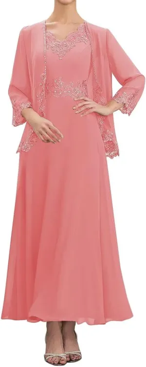 2 Piece Mother of The Bride Dresses with Jacket for Wedding Chiffon Lace Formal Evening Dress