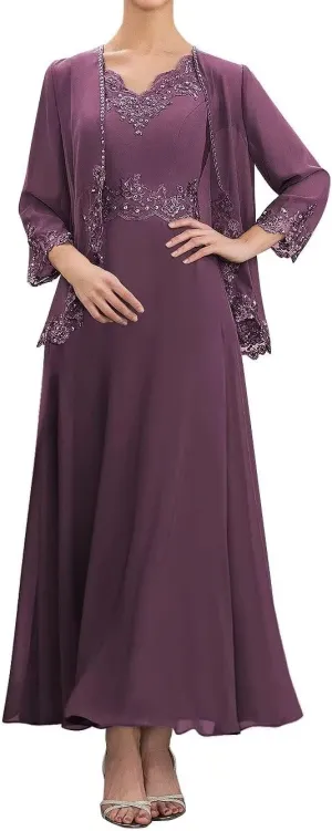 2 Piece Mother of The Bride Dresses with Jacket for Wedding Chiffon Lace Formal Evening Dress