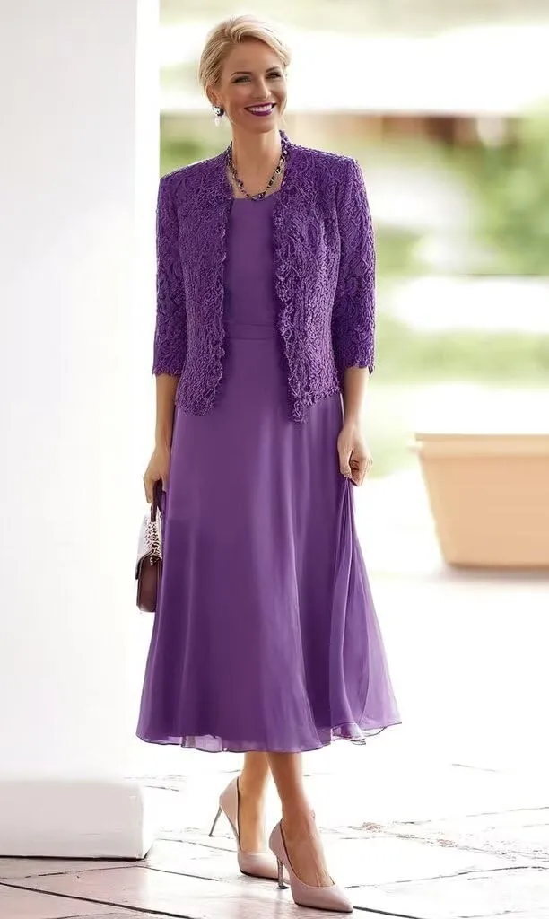 2 Pieces Mother of Bride Dress with Beadedlace Jacket Mother of The Groom Dresses Tea Length Formal Evening Gowns