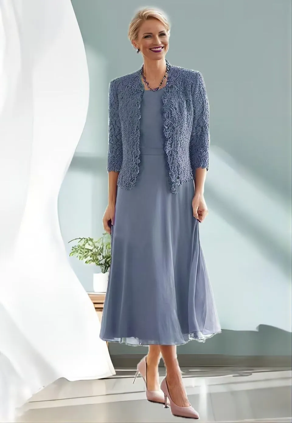 2 Pieces Mother of Bride Dress with Beadedlace Jacket Mother of The Groom Dresses Tea Length Formal Evening Gowns