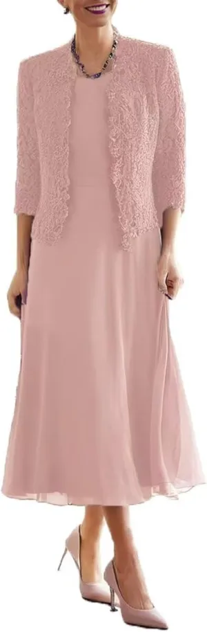 2 Pieces Mother of Bride Dress with Beadedlace Jacket Mother of The Groom Dresses Tea Length Formal Evening Gowns