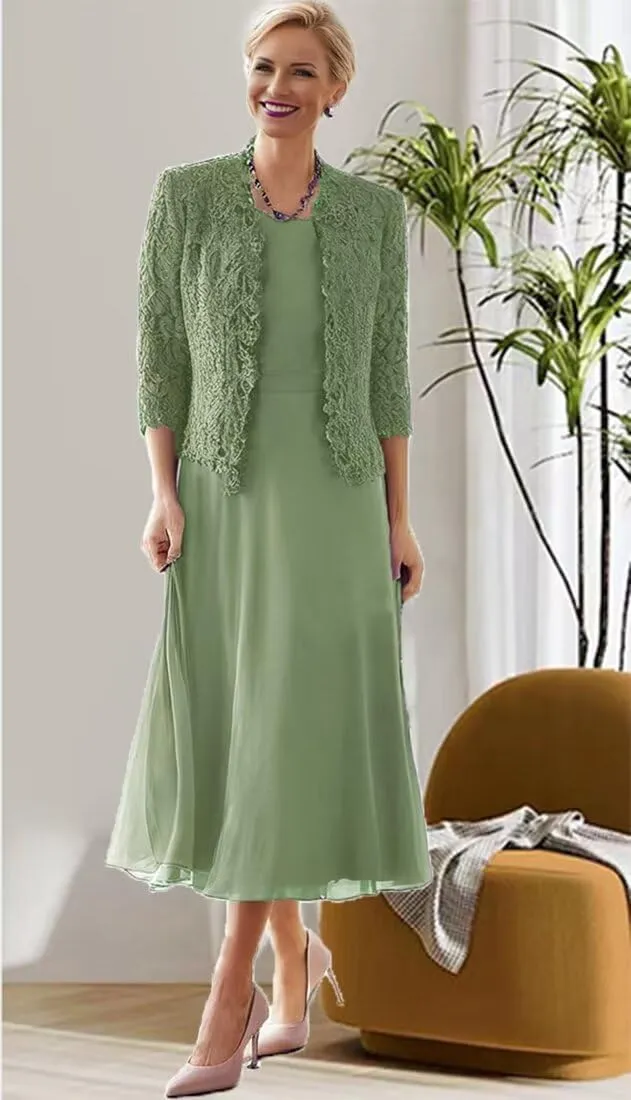 2 Pieces Mother of Bride Dress with Beadedlace Jacket Mother of The Groom Dresses Tea Length Formal Evening Gowns