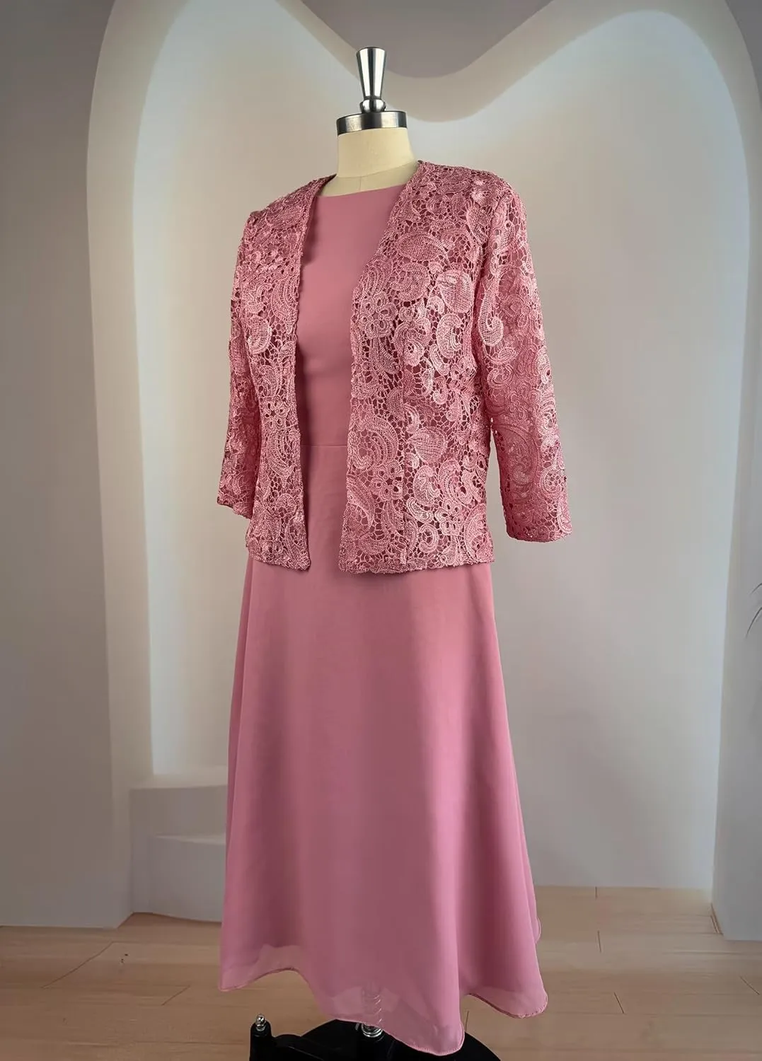 2 Pieces Mother of Bride Dress with Beadedlace Jacket Mother of The Groom Dresses Tea Length Formal Evening Gowns