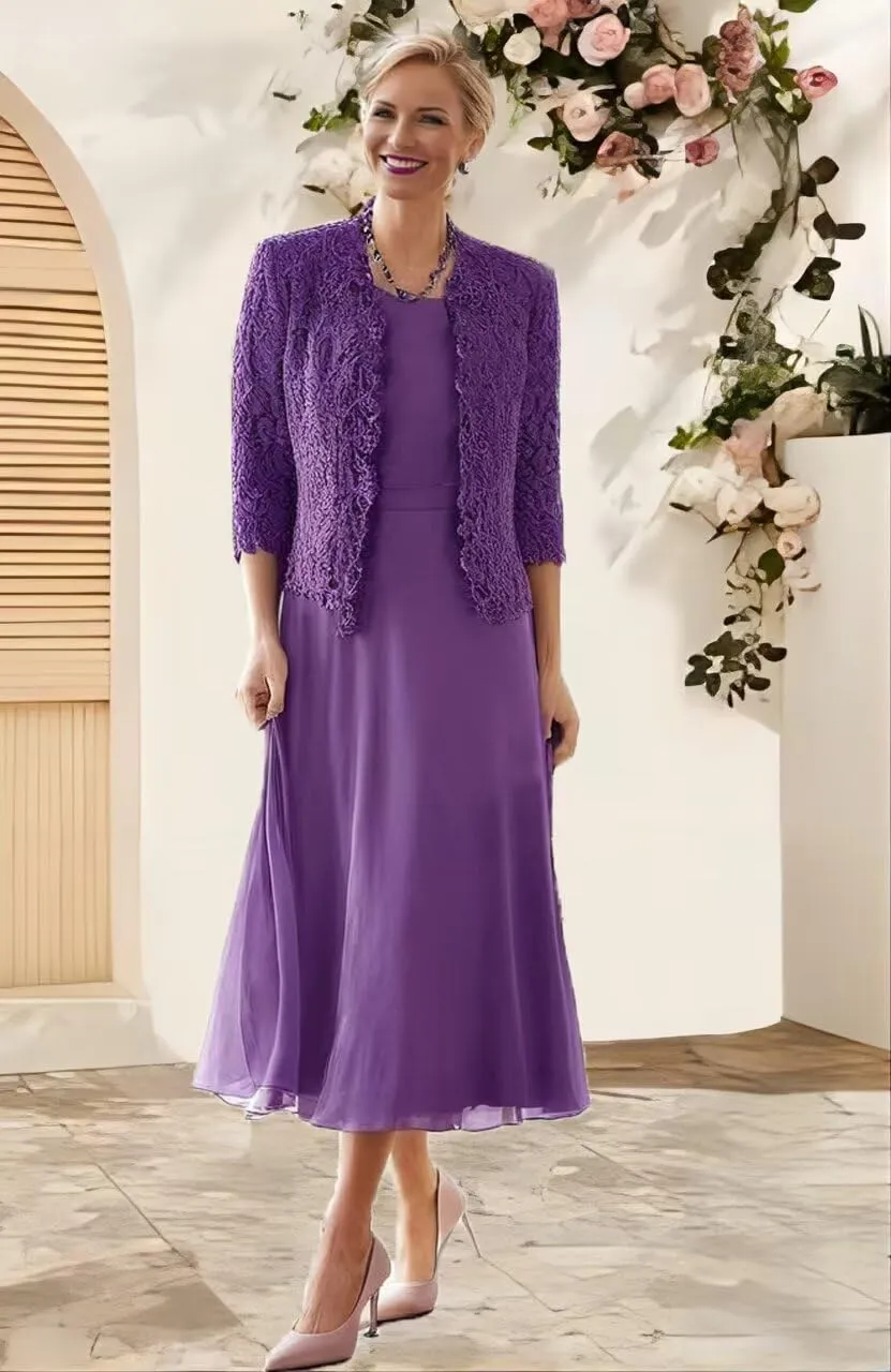 2 Pieces Mother of Bride Dress with Beadedlace Jacket Mother of The Groom Dresses Tea Length Formal Evening Gowns