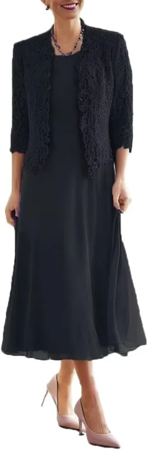 2 Pieces Mother of Bride Dress with Beadedlace Jacket Mother of The Groom Dresses Tea Length Formal Evening Gowns