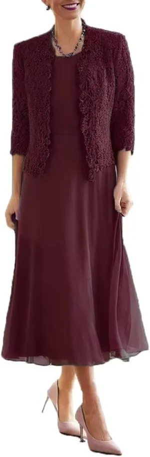2 Pieces Mother of Bride Dress with Beadedlace Jacket Mother of The Groom Dresses Tea Length Formal Evening Gowns