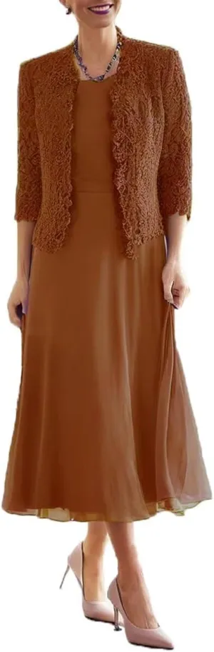 2 Pieces Mother of Bride Dress with Beadedlace Jacket Mother of The Groom Dresses Tea Length Formal Evening Gowns