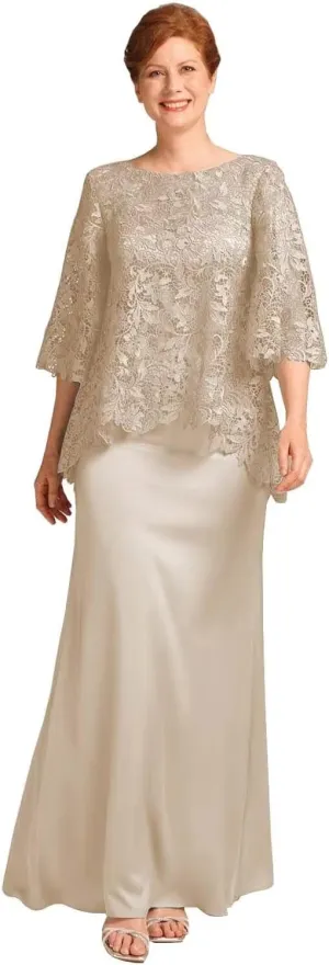 2 Pieces Mother of The Bride Dresses for Wedding Cape Jacket Scoop Neck Lace Long Formal Evening Gowns