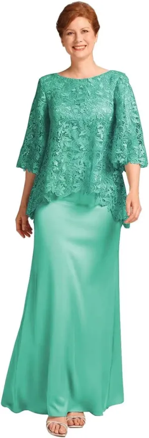2 Pieces Mother of The Bride Dresses for Wedding Cape Jacket Scoop Neck Lace Long Formal Evening Gowns