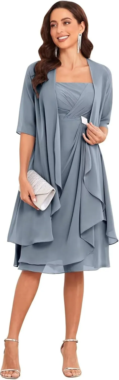 2 Pieces Mother of The Bride Dresses for Wedding Chiffon Short Sleeve Formal Dress Evening Gowns with Jacket
