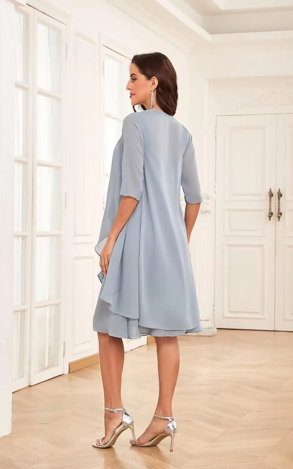 2 Pieces Mother of The Bride Dresses for Wedding Chiffon Short Sleeve Formal Dress Evening Gowns with Jacket