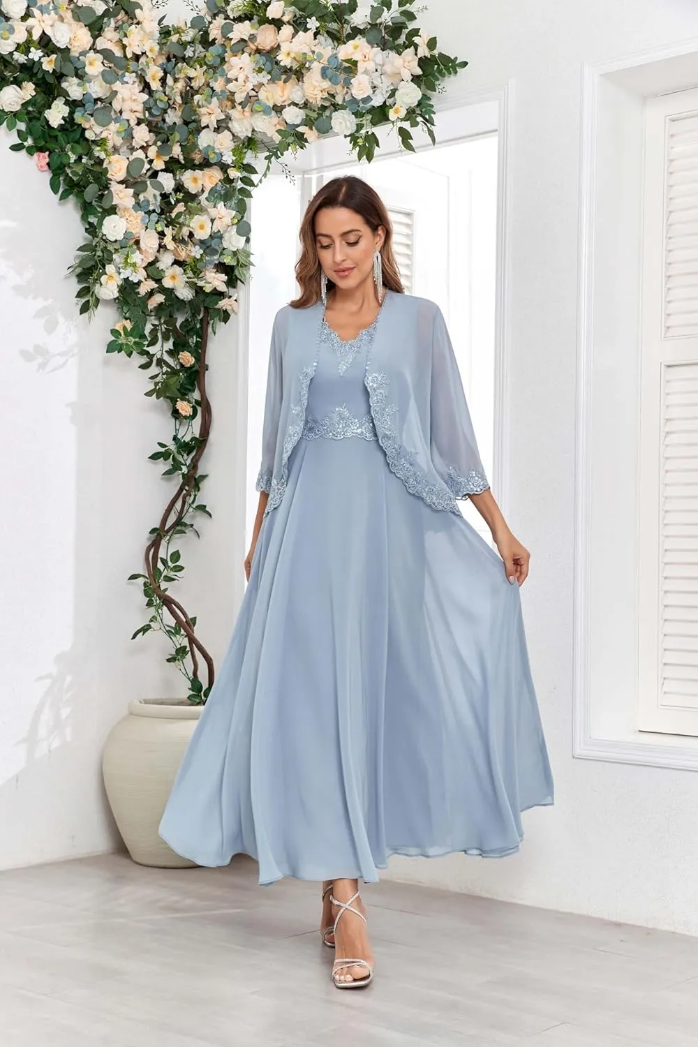 2 Pieces Mother of The Bride Dresses with Jacket Sequins Lace Chiffon Formal Evening Wedding Guest Dress