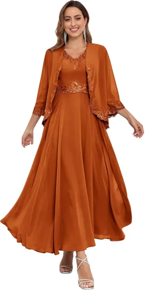 2 Pieces Mother of The Bride Dresses with Jacket Sequins Lace Chiffon Formal Evening Wedding Guest Dress