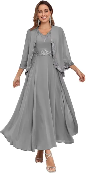 2 Pieces Mother of The Bride Dresses with Jacket Sequins Lace Chiffon Formal Evening Wedding Guest Dress
