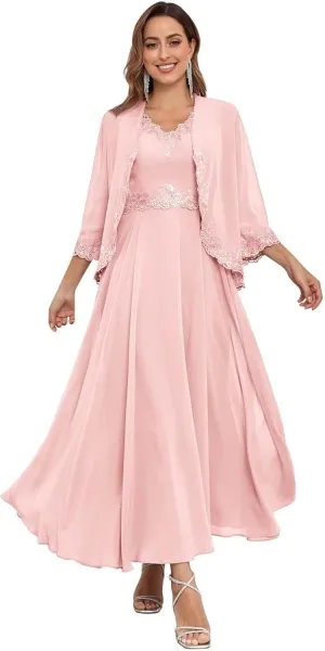 2 Pieces Mother of The Bride Dresses with Jacket Sequins Lace Chiffon Formal Evening Wedding Guest Dress