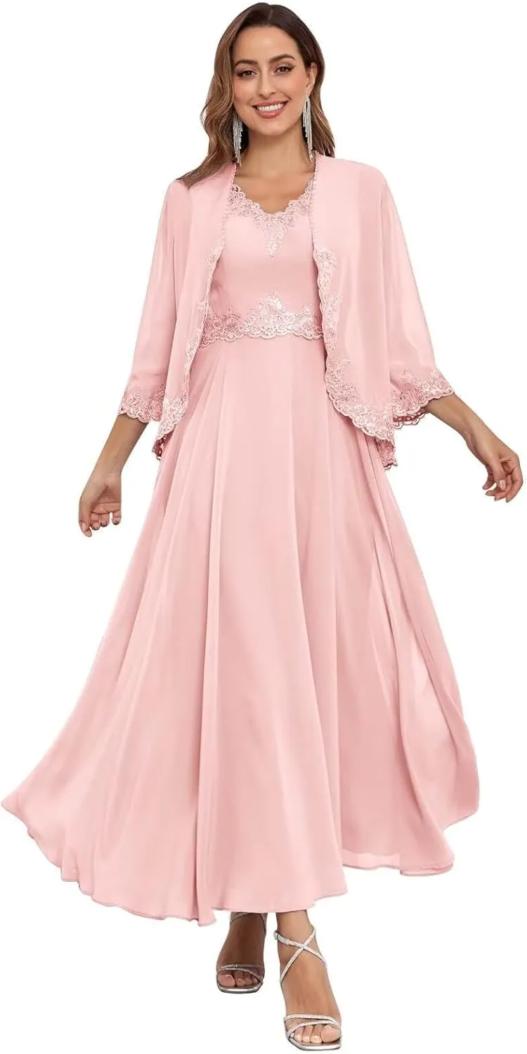 2 Pieces Mother of The Bride Dresses with Jacket Sequins Lace Chiffon Formal Evening Wedding Guest Dress