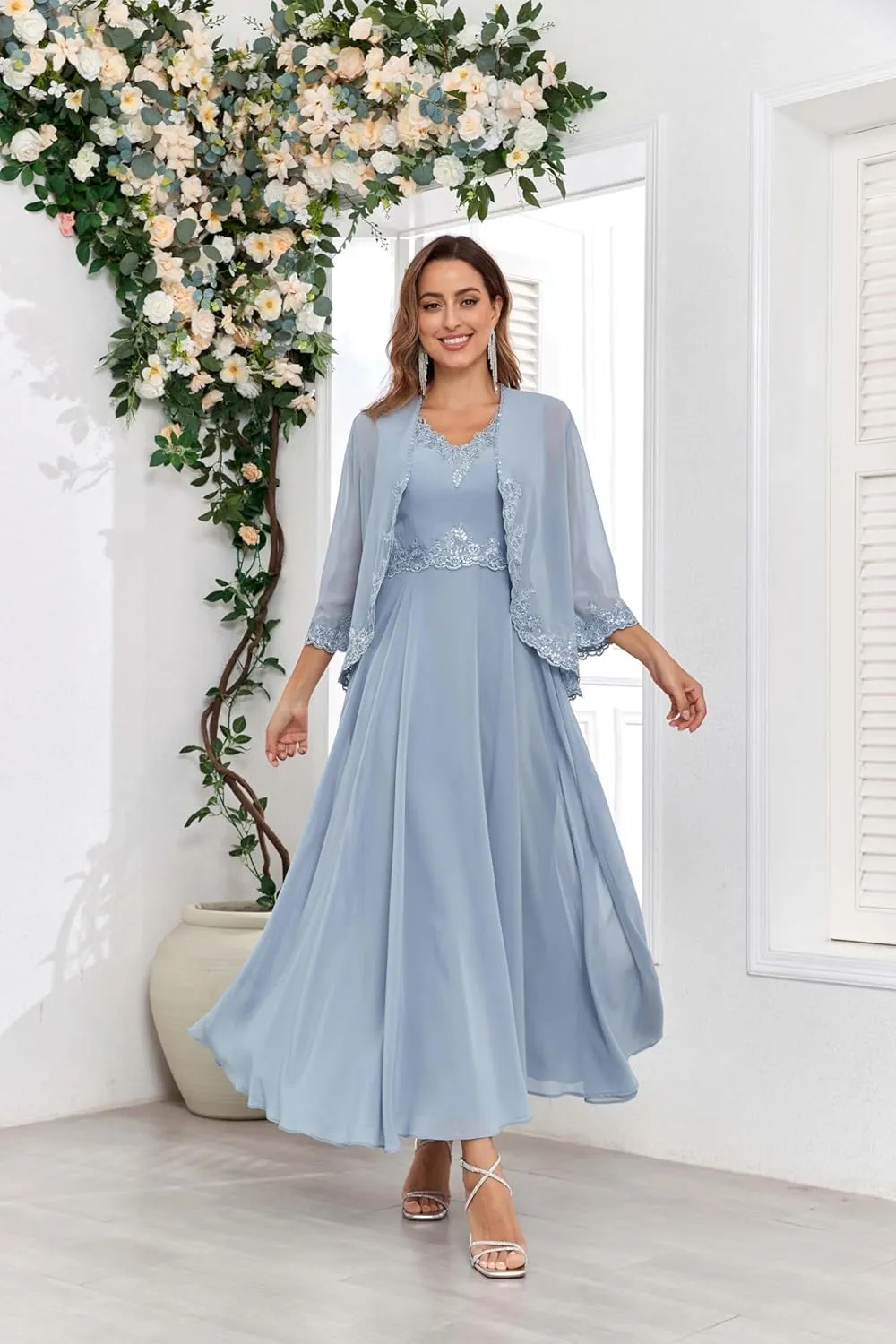2 Pieces Mother of The Bride Dresses with Jacket Sequins Lace Chiffon Formal Evening Wedding Guest Dress