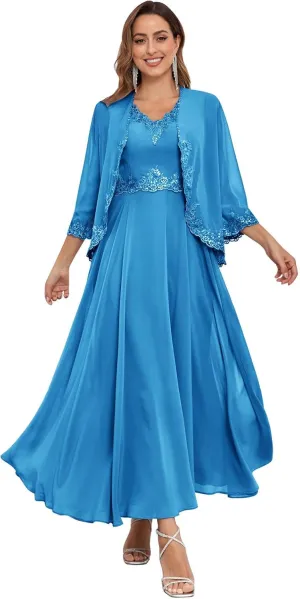 2 Pieces Mother of The Bride Dresses with Jacket Sequins Lace Chiffon Formal Evening Wedding Guest Dress