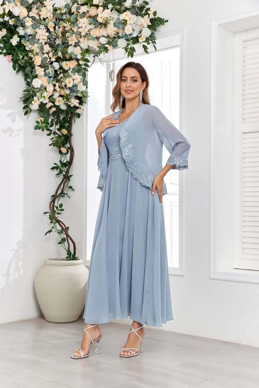 2 Pieces Mother of The Bride Dresses with Jacket Sequins Lace Chiffon Formal Evening Wedding Guest Dress