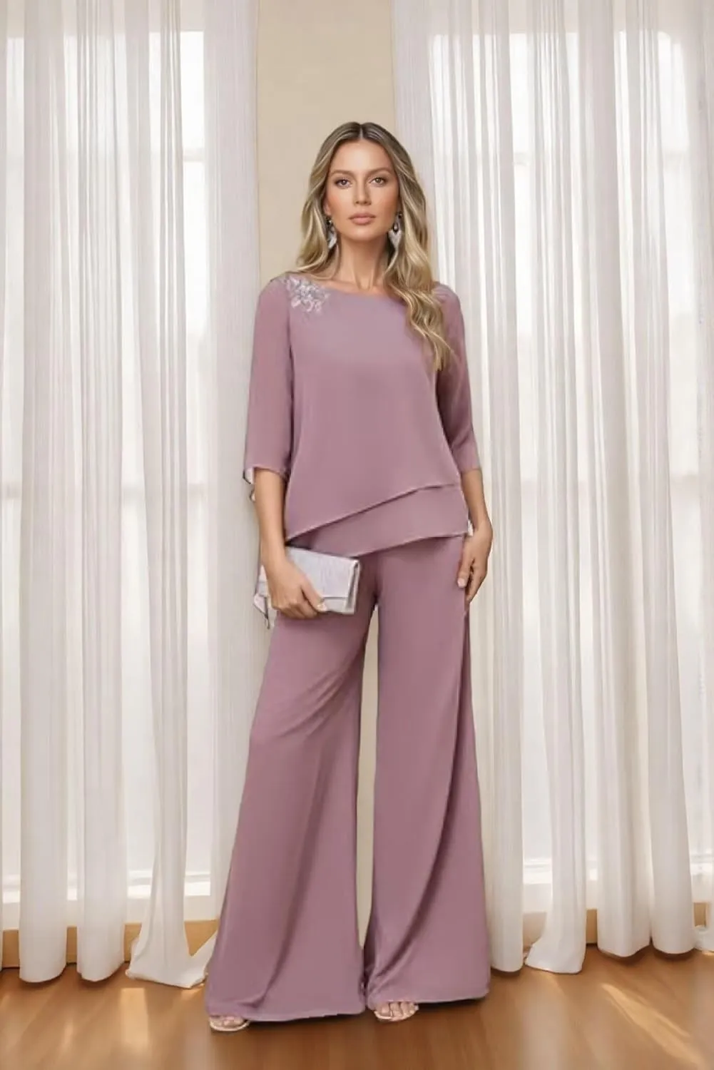 2 Pieces Mother of The Bride Pants Suits with Sleeves Lace Appliqued Chiffon Formal Outfit