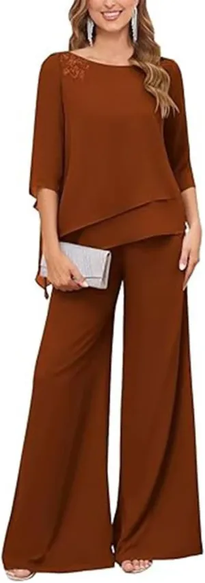 2 Pieces Mother of The Bride Pants Suits with Sleeves Lace Appliqued Chiffon Formal Outfit